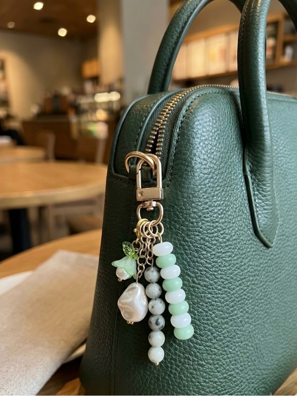 Mint Gold Tone Beaded Bag Charm Keychain with Flower & Faux Pearl Charms